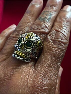 Men's Silver & Gold Skull Ring with Green Stone Eyes